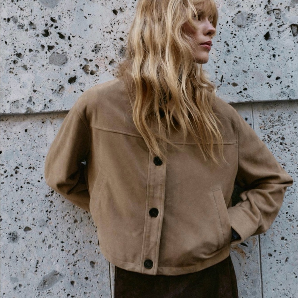 Zara New 100% Leather Suede Collar Jacket Beige NWT - Picture 2 of 14